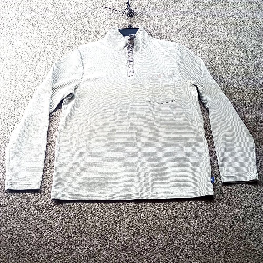 L.L.Bean Men Medium Regular Pullover Snap Mock Neck Pocket Shirt Gray Striped